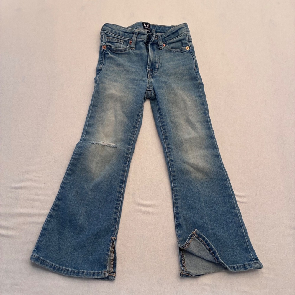 Gap Kids Girls 5 70s Flare Jeans Medium Wash Side Slit Adjustable Waist Denim